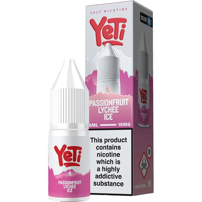Passionfruit lychee ice Yeti e-liquid in a 20mg on a white background with product information below.