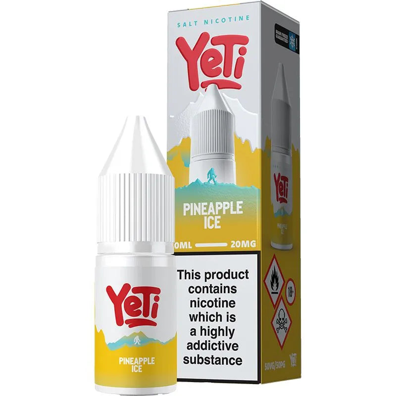 Pineapple ice flavoured Yeti e-liquid on a white background with product information below.