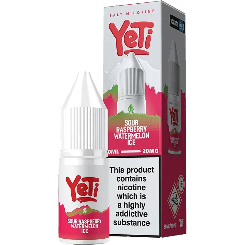 Sour raspberry watermelon ice flavoured Yeti e-liquid in a 20 mg/ml on a white background with gold boxes featuring product information.