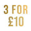 3 for £10 written in gold writing