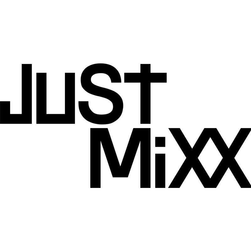 The Just Mixx logo in a black font on a white background.