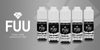 The FUU e-liquid logo is shown in white against a grey background. To the right side of the logo are 5 black and white Fuu e-liquid bottles in a range of flavours.
