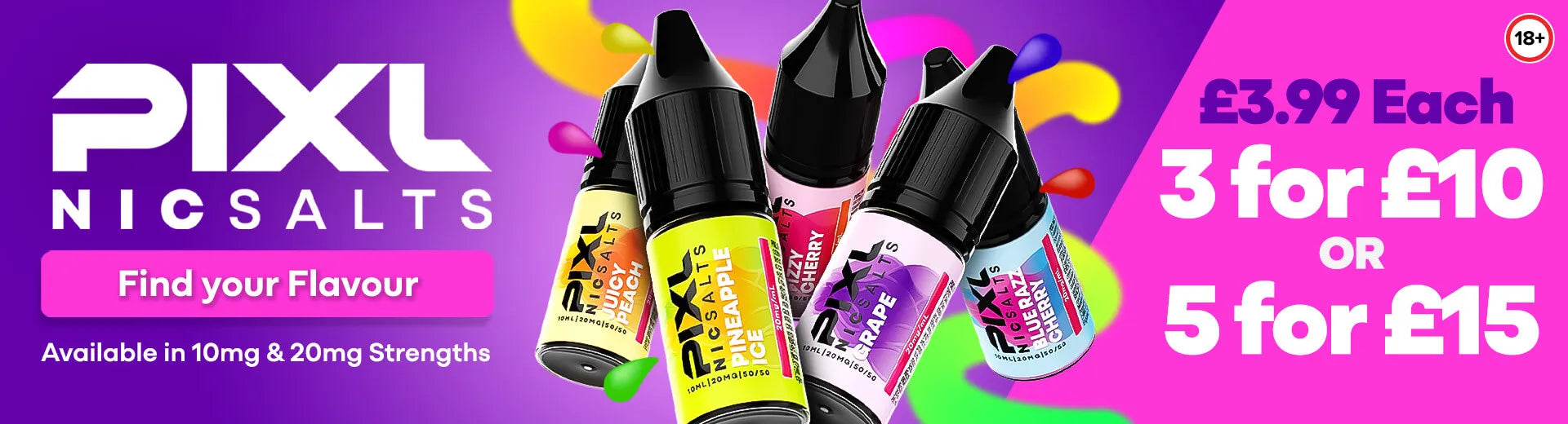 A purple banner showing the PIXL Nic Salts vape juice range on the House of Vapes - London website.