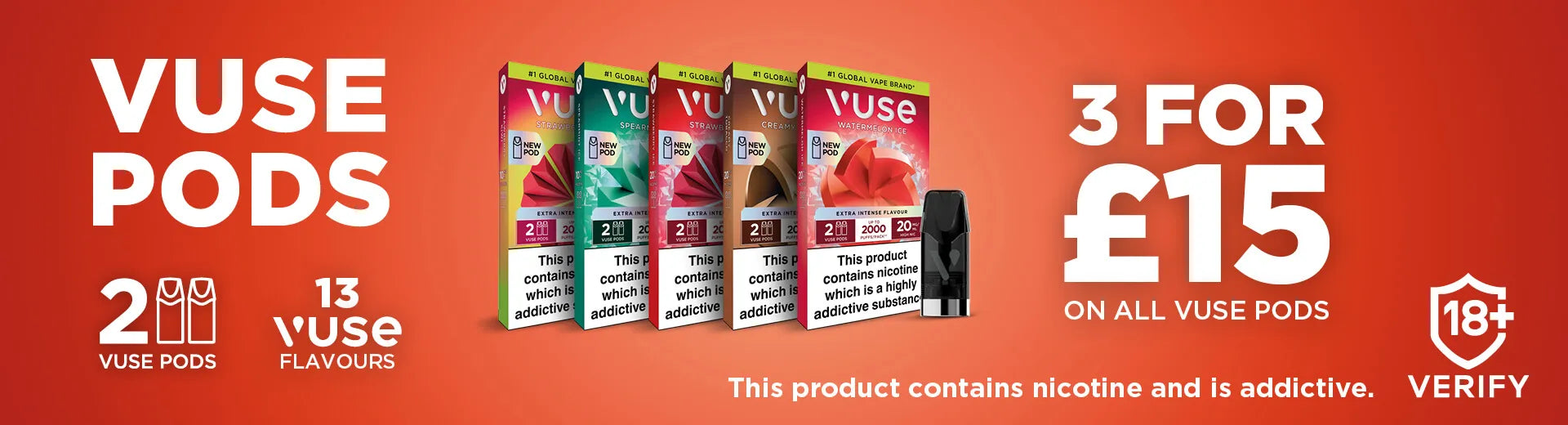 An orange banner stating that Vuse Pods are now included within a 3 for £15 offer.