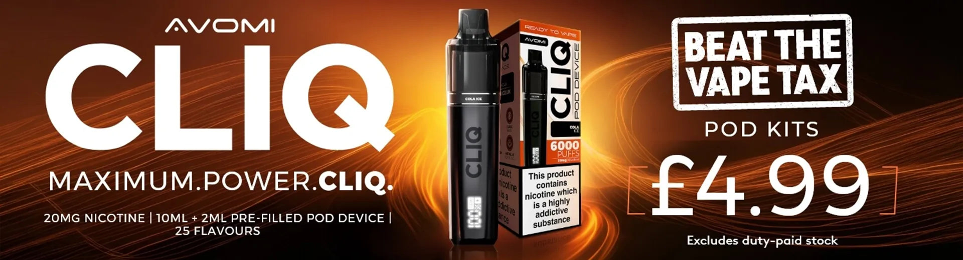 AVOMI CLIQ pod kit vape device and retail packaging on a dark orange and black background.