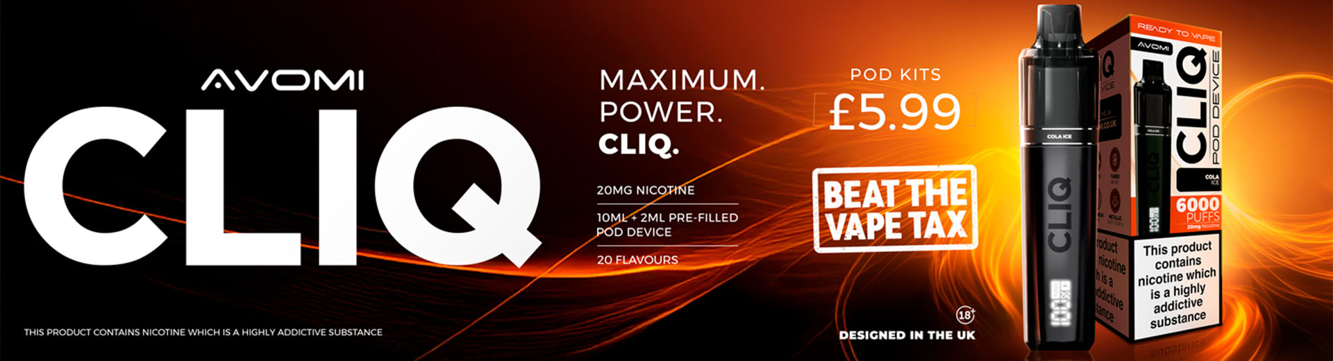 Promotional banner for Avomi CLIQ POD Kits, featuring a black CLIQ pod device and its retail box on the right, with large white CLIQ branding and orange flame graphics on a dark background.