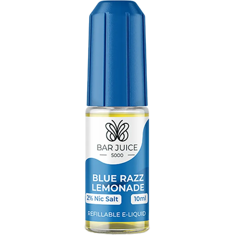Blue razz lemonade Bar Juice 5000 e-liquid on a white background with product information below in gold boxes