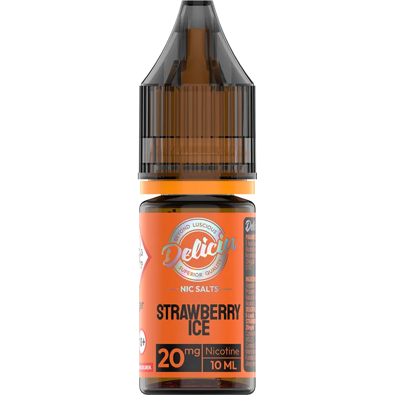 Strawberry ice flavoured Deliciu Nic Salt in a 10mg nicotine strength with product information below.