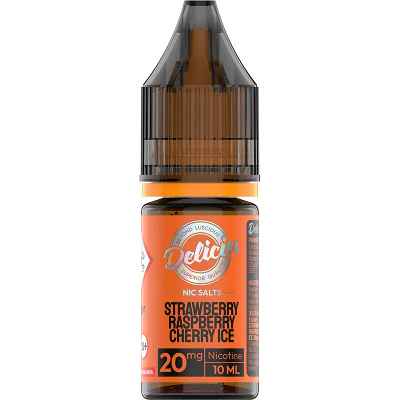 Deliciu Nic Salts strawberry raspberry cherry ice flavoured e-liquid in a 10mg strength with a 10mg nicotine strength with product information below.