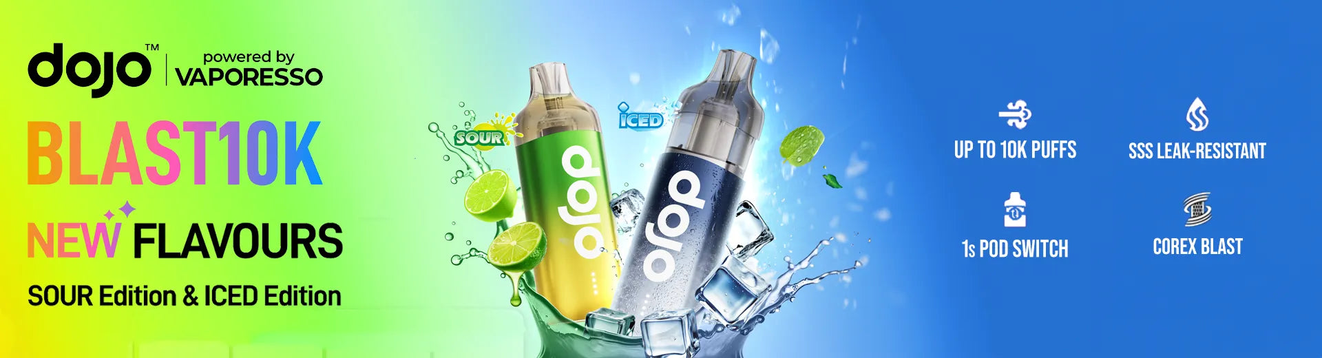 The DOJO Blast 10K pod vape kit on a light blue and green background.