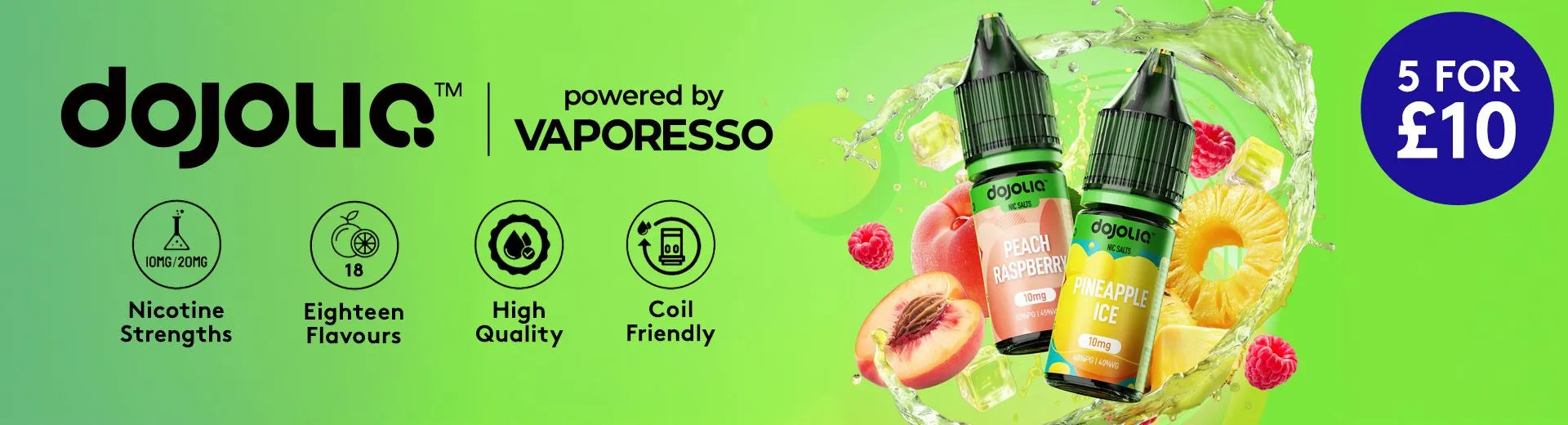 Two DOJOLIQ by Vaporesso vape juice bottles with fruit-themed packaging on a green background.
