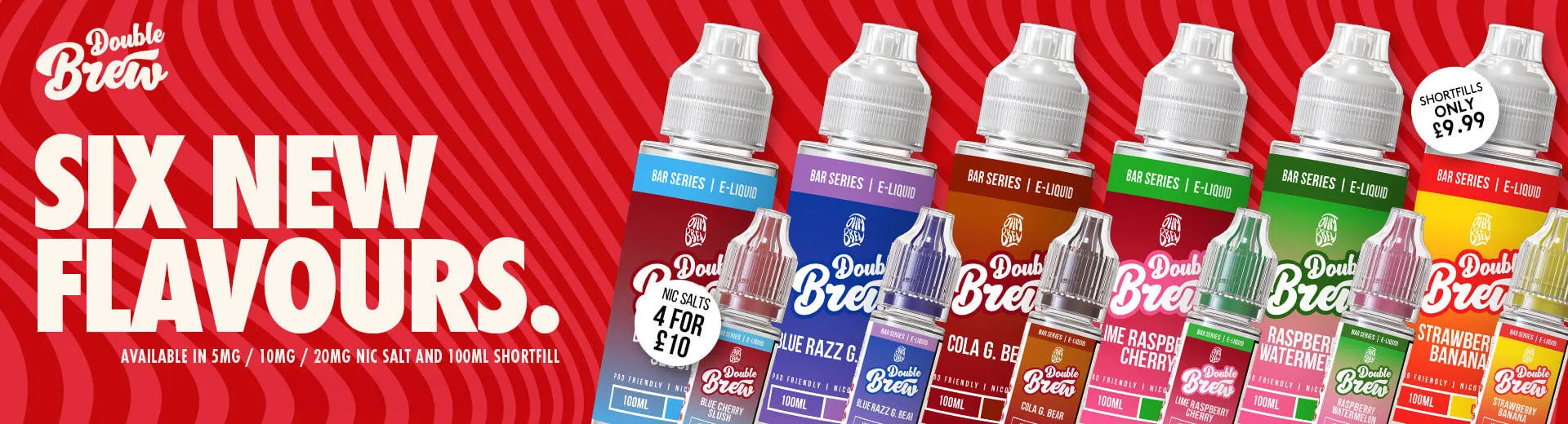 A red banner displaying six new flavours of the Double Brew vape juice range on the House of Vapes - London website.