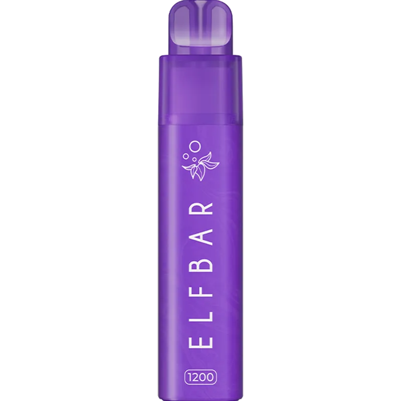 Elf Bar 1200 Purple Mint pod kit on a white background with product information below in gold boxes.