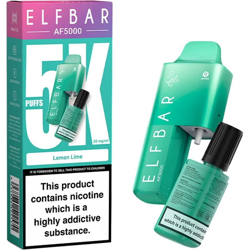 Elf Bar AF5000 Lemon Lime Rechargeable Disposable Vape box, device and refill container