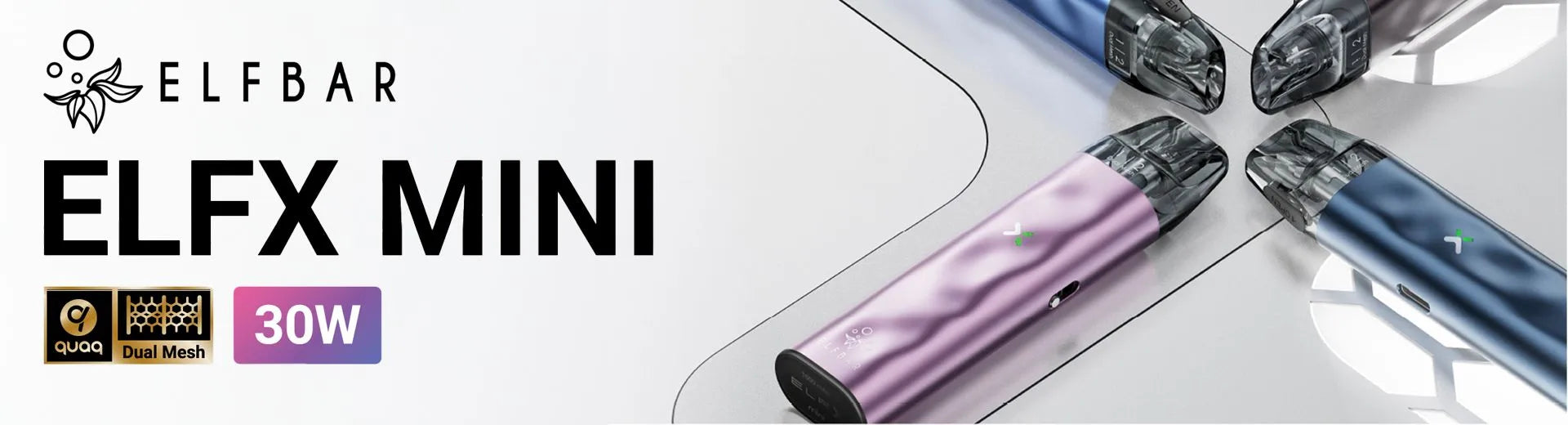 A light grey banner with the Elf Bar ELFX Mini pod vape kit on the House of Vapes - London website.