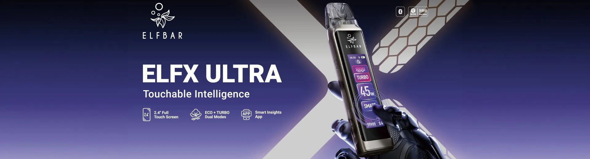 ELF BAR ELFX ULTRA device with digital display against a dark blue gradient background on the House of Vapes - London website.