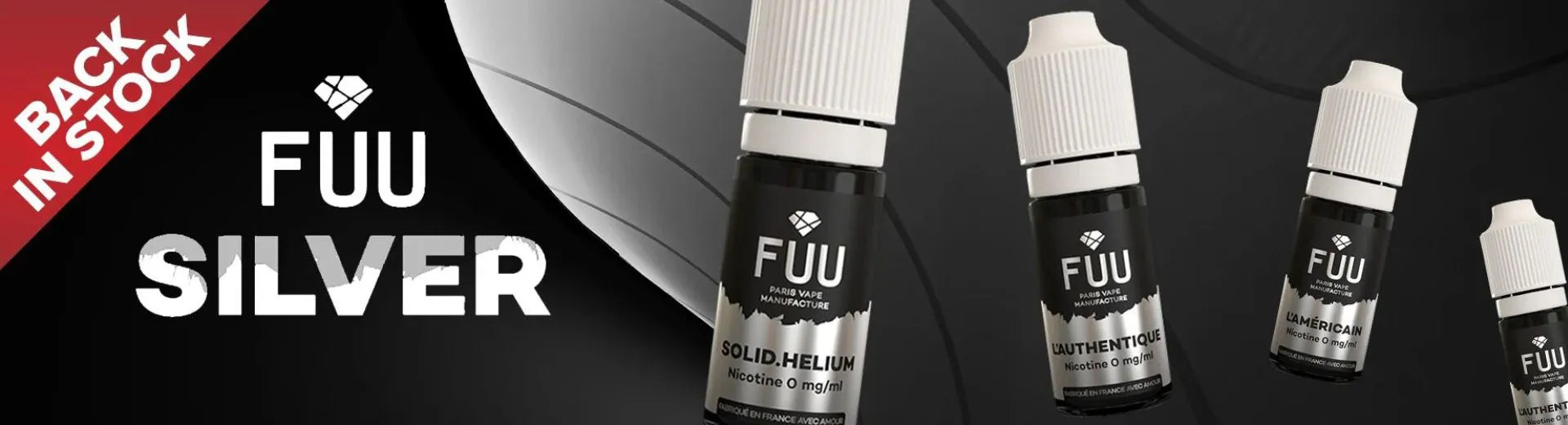 Four Fuu Original Silver 10ml e-liquid bottles on a black background, with the Fuu Silver logo to the left and a red corner stating Back In Stock.