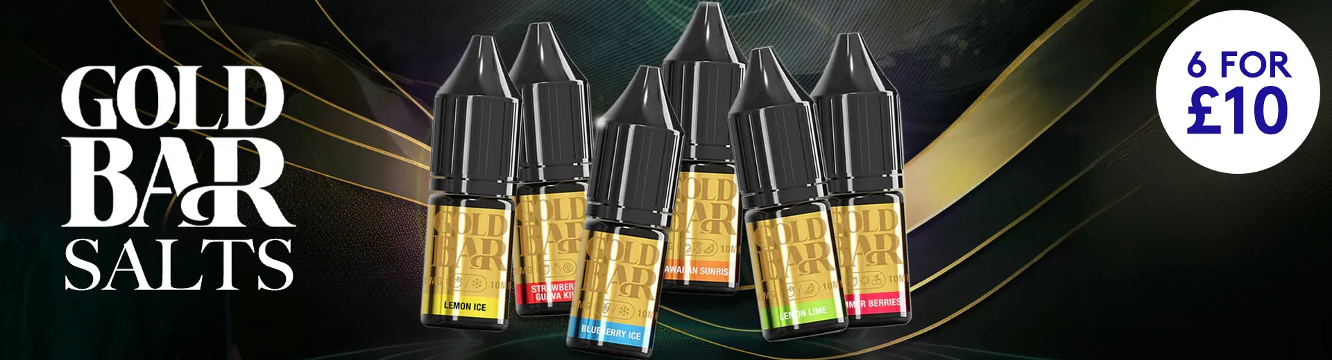 Gold Bar Salts vape juice bottles with promotional text on a dark background.