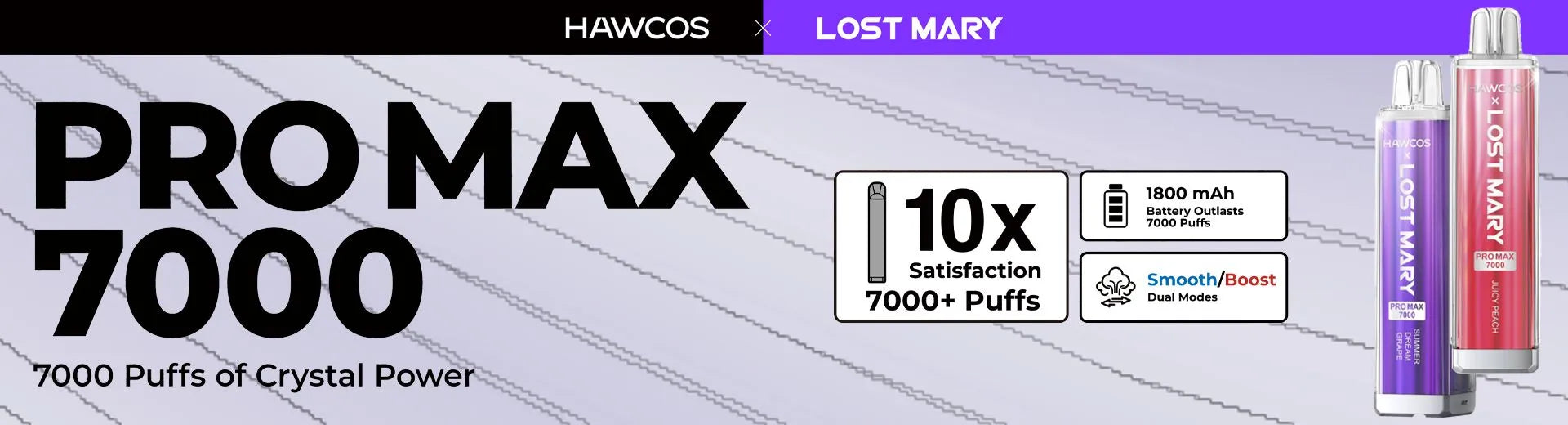 A large black and purple banner that highlights the Lost Mary Pro Max 7000 vapes on the House of Vapes - London website.