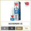 Blue raspberry ice Yeti on a white background with product information below.