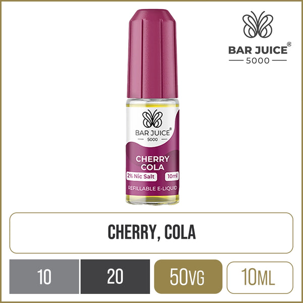 Cherry cola Bar Juice 5000 e-liquid on a white background with product information below in gold boxes.