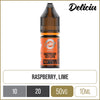 Raspberry key lime flavoured Deliciu Nic Salt e-liquid in a 10mg with product information at the bottom of the image.