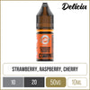 Deliciu Nic Salts strawberry raspberry cherry ice flavoured e-liquid in a 10mg strength with a 10mg nicotine strength with product information below.