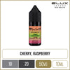 Cherry sour raspberry flavoured ELUX Legend Nic Salts on a white background with product information below in a gold box. 
