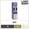 Grape flavoured Lost Mary 4in1 pod pack on a white background with product information below in gold boxes below.