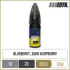 The Riot Bar EDTN blueberry sour raspberry 10ml e-liquid bottle, on a white background
