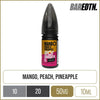 The Riot Bar EDTN mango peach pineapple 10ml e-liquid bottle, on a white background