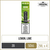 Lemon lime flavoured SKE Crystal 2400 4in1 pods on a white background with product information below in a gold box.