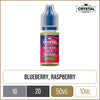 A SKE Crystal Salts blueberry sour raspberry flavoured 10ml e-liquid bottle on a white background, with product information outlined below in gold boxes.