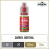 A SKE Crystal Salts cherry ice flavoured 10ml e-liquid bottle on a white background, with product information outlined below in gold boxes.
