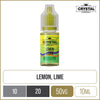 A SKE Crystal Salts lemon & lime flavoured 10ml e-liquid bottle on a white background, with product information outlined below in gold boxes.