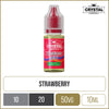 A SKE Crystal Salts strawberry burst flavoured 10ml e-liquid bottle on a white background, with product information outlined below in gold boxes.