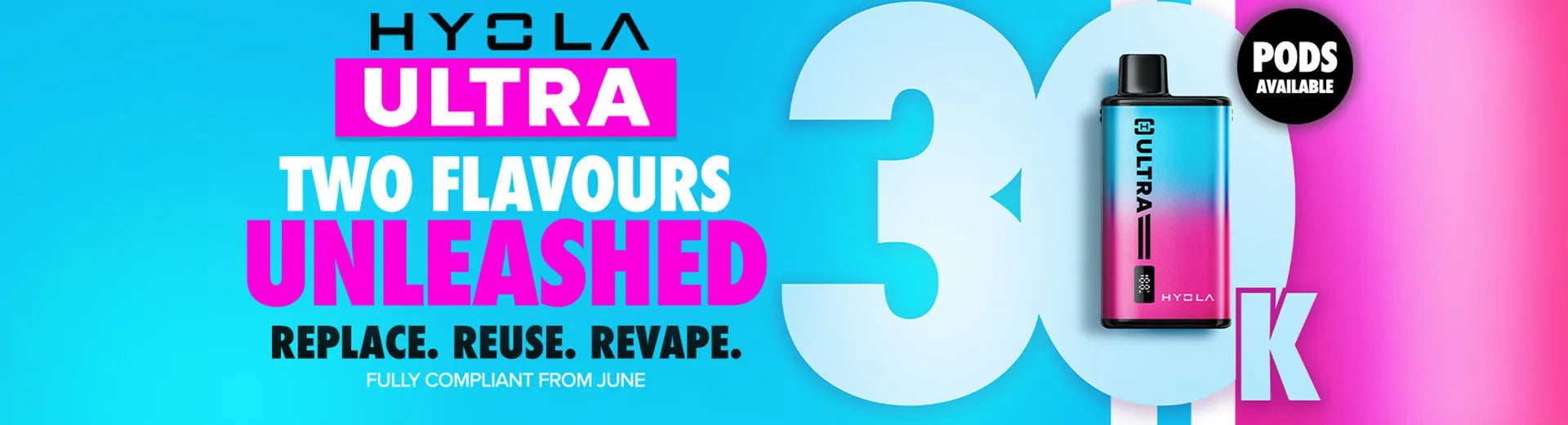 The Hyola Ultra 30K pod vape kit on a light blue and pink background.