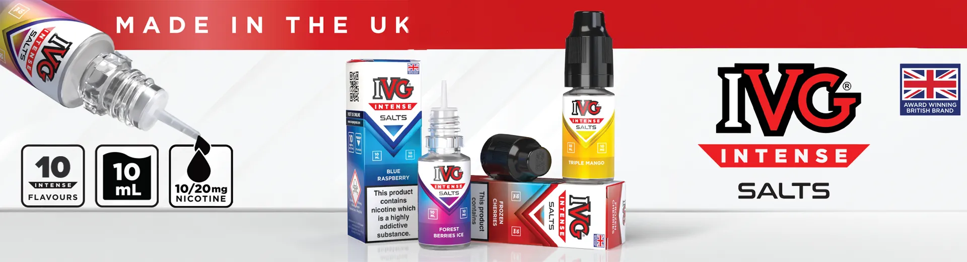 10ml bottles of the IVG Intense Salts range on a light white and red background.
