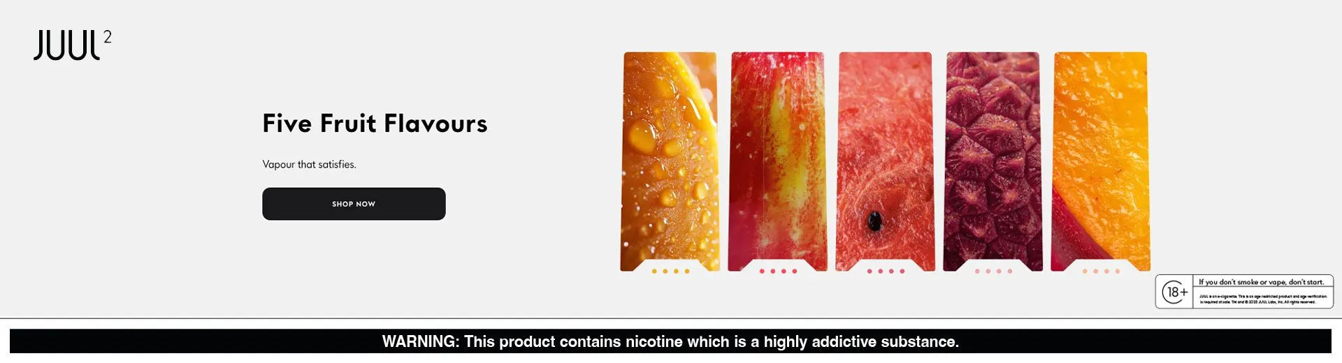 A banner showing the JUUL2 logo and text reading Five Fruit Flavours with a shop now button.