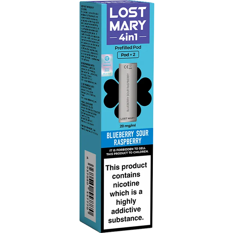 Blueberry sour raspberry flavoured Lost Mary 4in1 pod pack on a white background with product information below in gold boxes.
