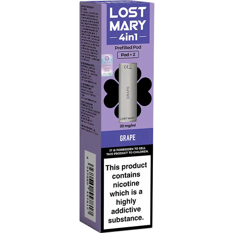 Grape flavoured Lost Mary 4in1 pod pack on a white background with product information below in gold boxes below.
