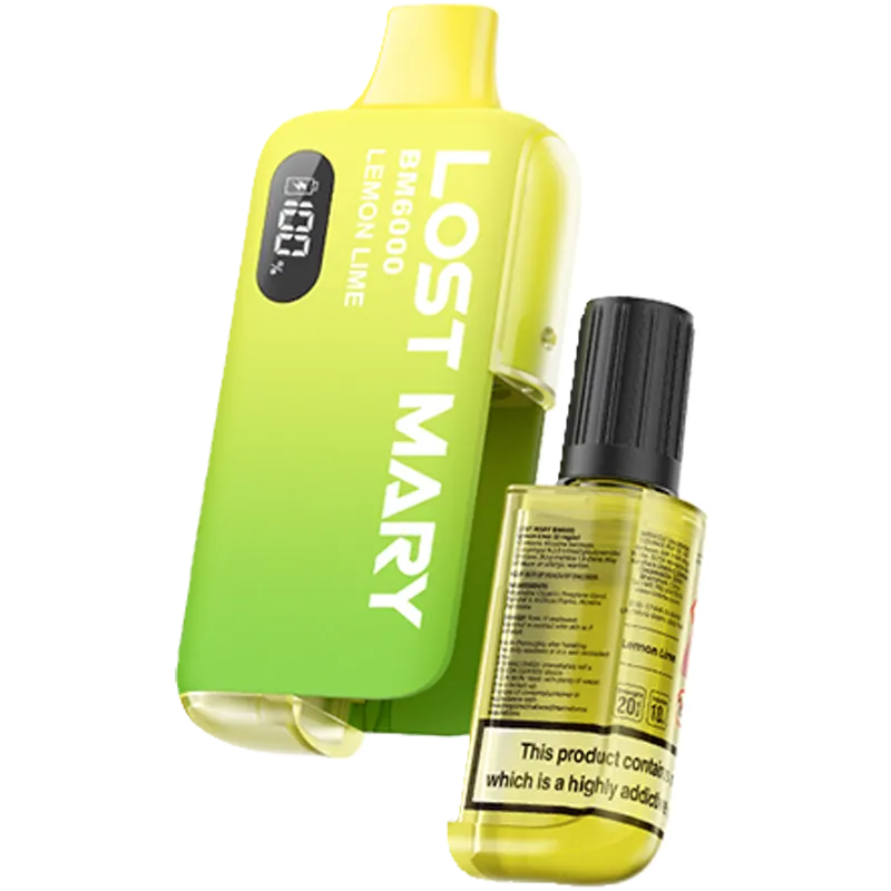 Lost Mary BM6000 disposable vape on a white background with product information below.