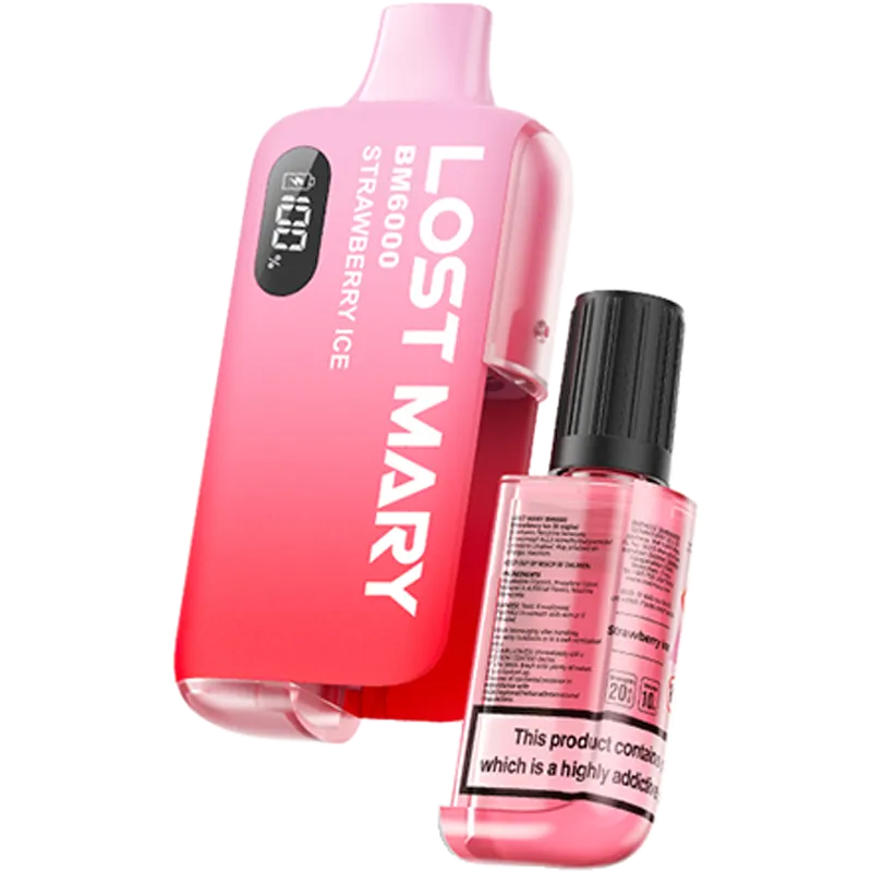 Lost Mary BM6000 strawberry ice disposable vape on a white background with product information below in gold boxes.