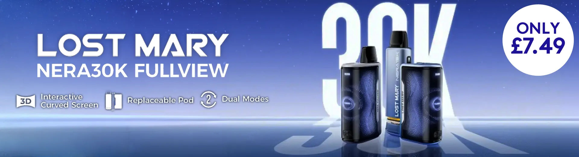 An image for Lost Mary Nera 30K Fullview vape device with product images and pricing on a blue gradient background.