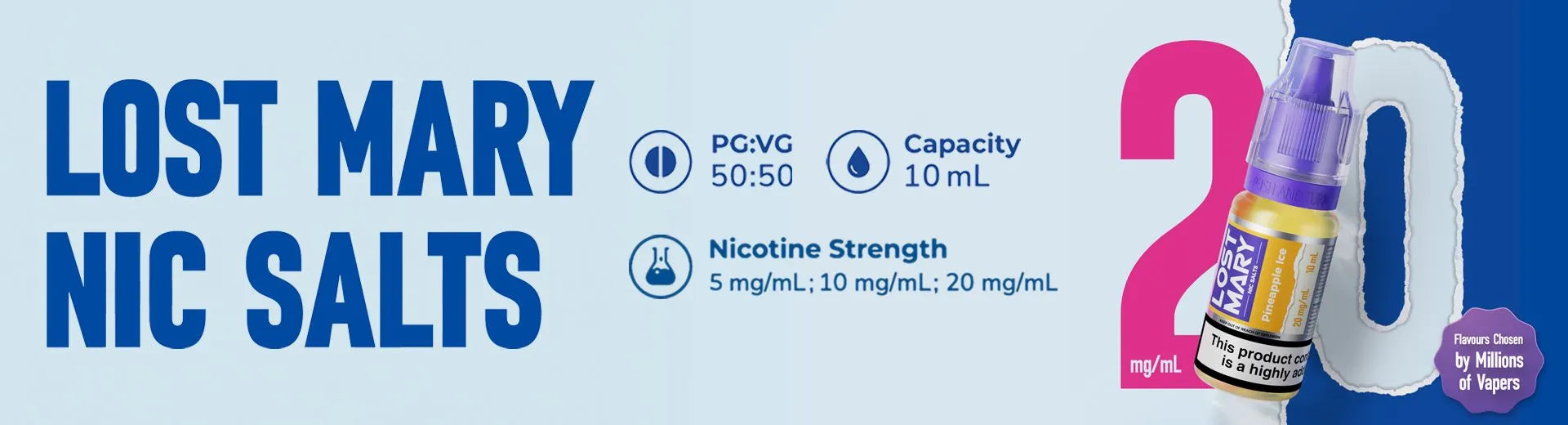 A light blue banner showing the Lost Mary Nic Salts vape juice range on the House of Vapes - London website.