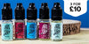 Five Ohm Brew 50/50 10ml e-liquid bottles on a blue background with a wooden tree stump behind. Features a label stating '3 For £10' on the House of Vapes - London homepage.