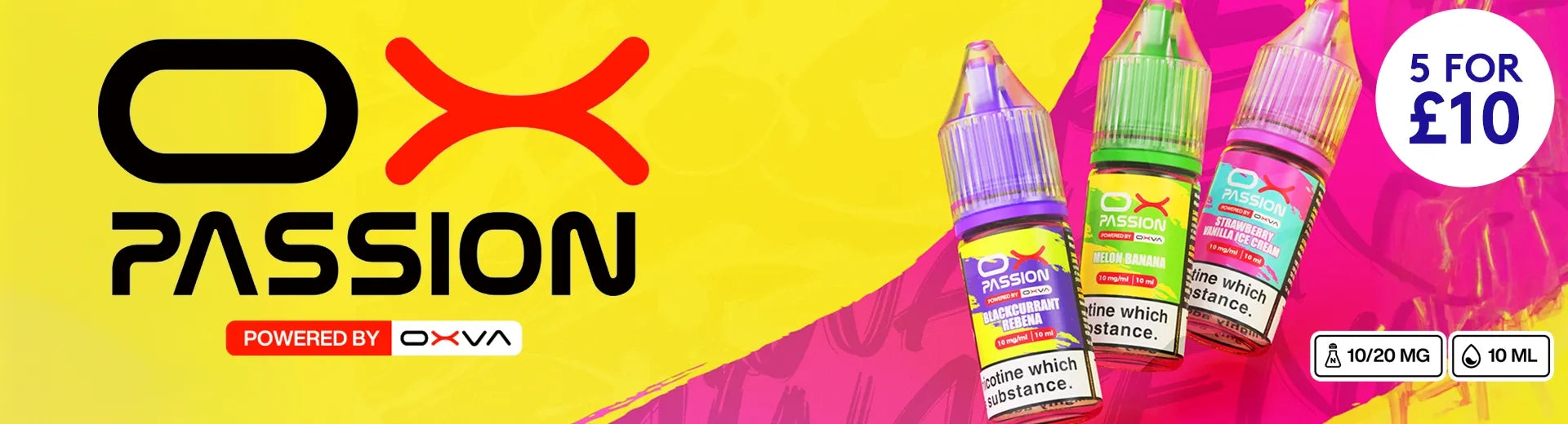 A banner for OX Passion e-liquids, featuring bold black and red 'OX PASSION' logo on a bright yellow background, while the right side displays four bottles of e-liquid.