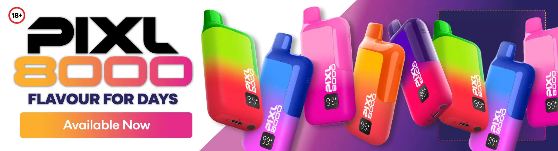 Eight PIXL 8000 pod vape kits on a light coloured background.