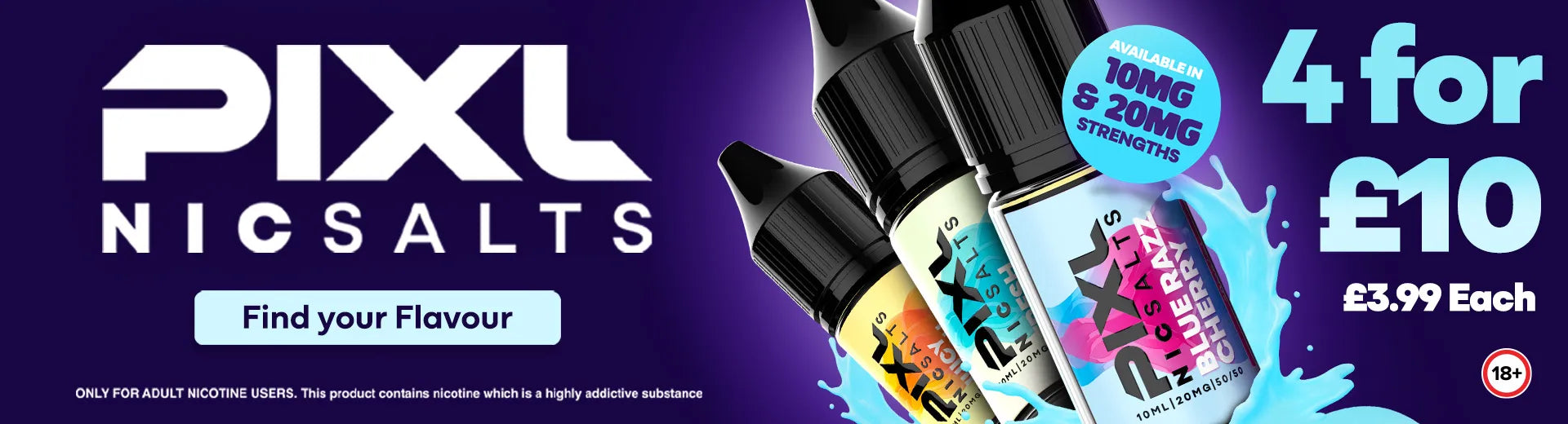 Promotional banner for Pixl Nic Salts with e-liquid bottles and pricing information on the House of Vapes - London website.