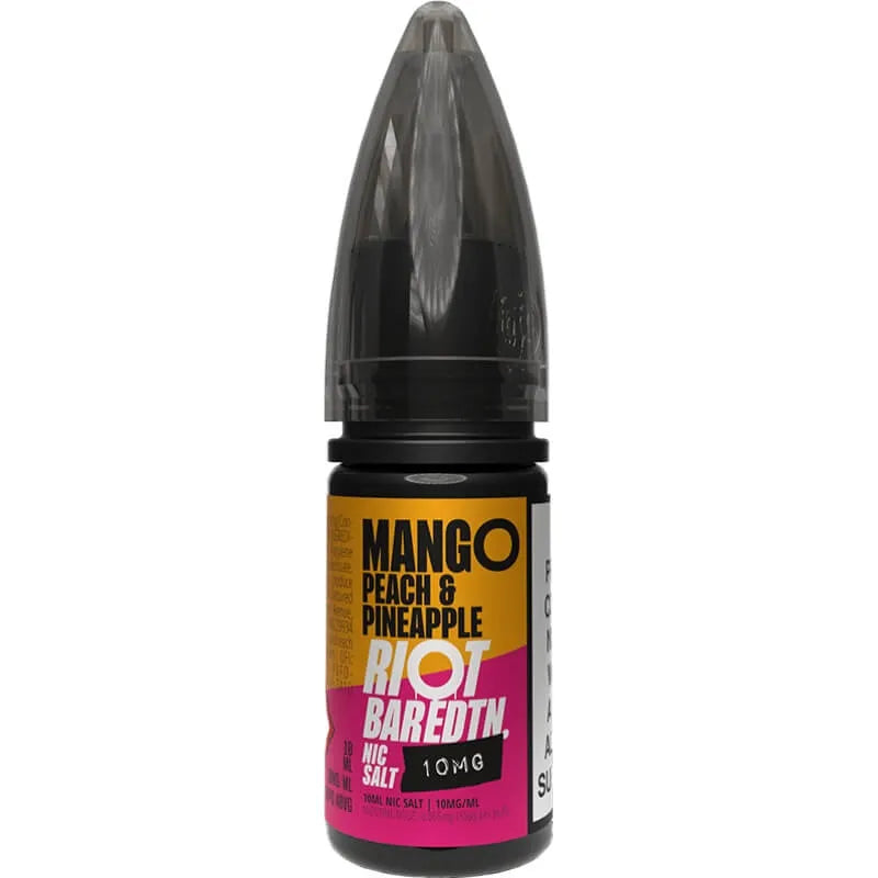 The Riot Bar EDTN mango peach pineapple 10ml e-liquid bottle, on a white background
